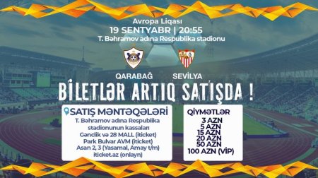“Qarabağ” – “Sevilya” oyununa 20 min bilet satılıb